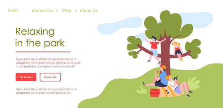 Relaxing in park, children on picnic under treeのイラスト素材