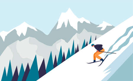 Winter landscape with skiing character downhillのイラスト素材