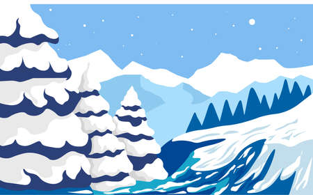 Winter landscape with pine trees and mountainsのイラスト素材