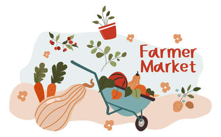 Farmer market, seeling vegetables and ripe fruitsのイラスト素材