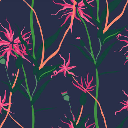 Tropical foliage and flowering plants patternのイラスト素材