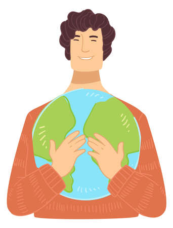 Male character holding planet earth globe in handsのイラスト素材
