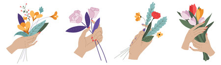 Female hands holding flowers and bouquets vectorのイラスト素材