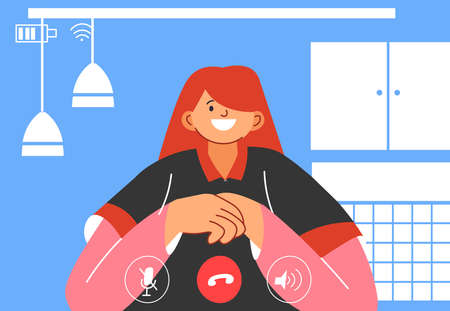 Teenage girl talking online, video chart in webのイラスト素材