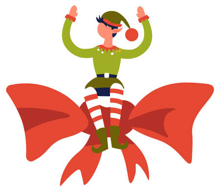 Elf boy character sitting on big ribbon bow vectorのイラスト素材