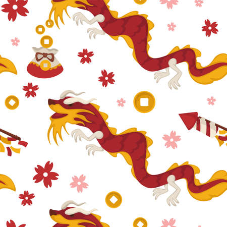 Chinese dragon and firecracker holiday celebrationのイラスト素材