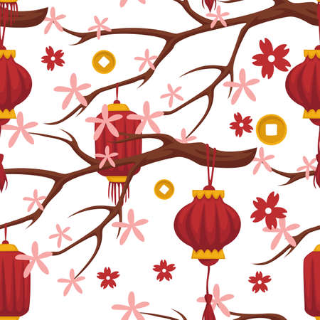 Chinese tree blossom and red lanterns designsのイラスト素材