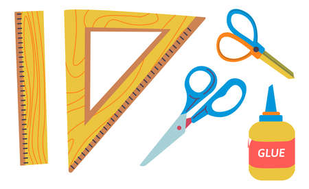 Geometric ruler and scissors with glue in bottleのイラスト素材