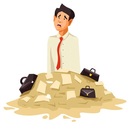 Upset businessman with pile of paperwork vectorのイラスト素材