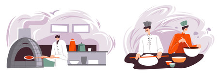 Chef team cooking in kitchen, bakery shop vectorのイラスト素材