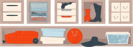 Wardrobe shelves with clothes and accessoriesのイラスト素材
