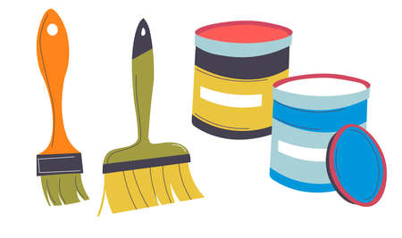 Paintbrushes and paints in jars art classes vectorのイラスト素材
