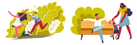 Family in park mother and father with kid outdoorsのイラスト素材