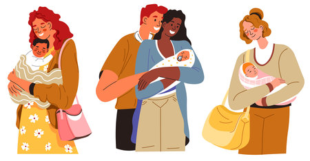 Parents with newborn baby, mothers and fathersのイラスト素材