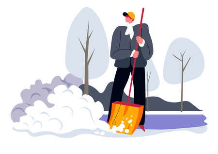 Man cleaning backyard from snow with wooden shovelのイラスト素材