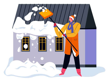 Man cleaning snow by house, wintertime outdoorsのイラスト素材