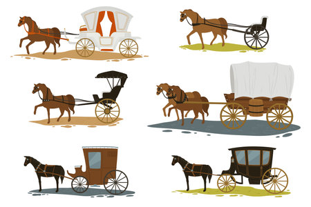 Horses with carriage, transport in past vectorのイラスト素材