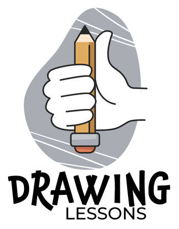 Drawing lessons label with hand and pencil vectorのイラスト素材