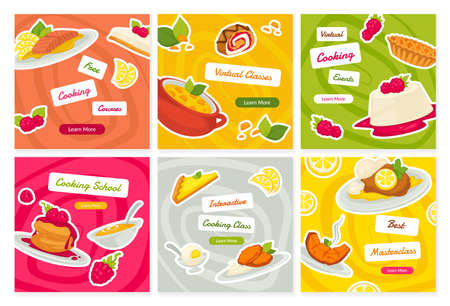 Cooking course online, social media set, vector illustration.のイラスト素材