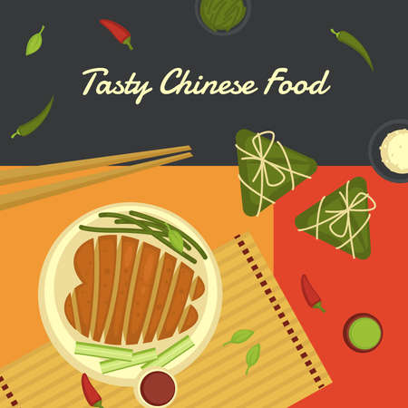 Tasty chinese food, chicken breast and veggiesのイラスト素材