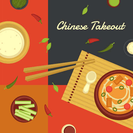 Chinese takeout food, bowl with noodles veggiesのイラスト素材