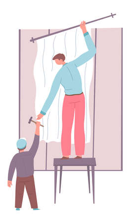 Boy helping father with housework, dad and sonのイラスト素材