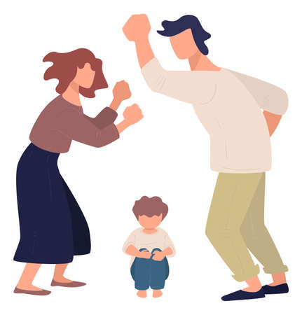 Aggressive husband beating wife, depressed kidのイラスト素材