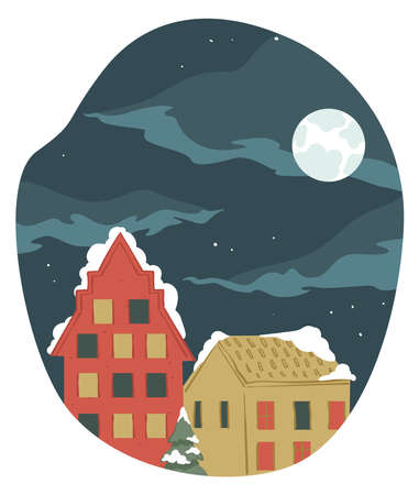 Cityscape with buildings and snow, night with moonのイラスト素材