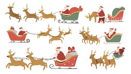 Santa Claus riding reindeer with bag of presentsのイラスト素材