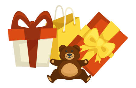 Plush bear and boxes with ribbons and bows vectorのイラスト素材