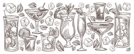 Cocktails and alcoholic beverages monochrome setのイラスト素材