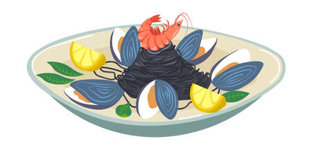 Mussels and shrimps, seafood salad with lemonsのイラスト素材