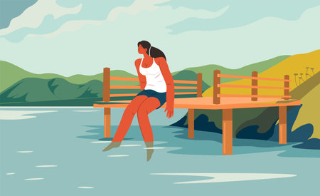 Woman sitting on wooden pier with legs in lakeのイラスト素材