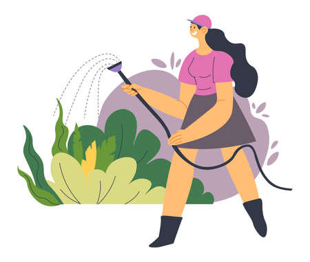 Woman watering plants and flowers outdoors vectorのイラスト素材
