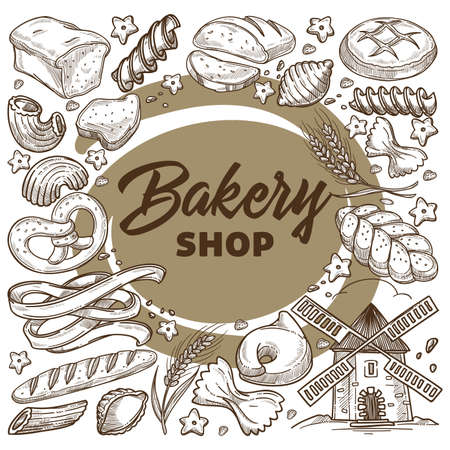Bakery shop products, bread and buns assortmentのイラスト素材