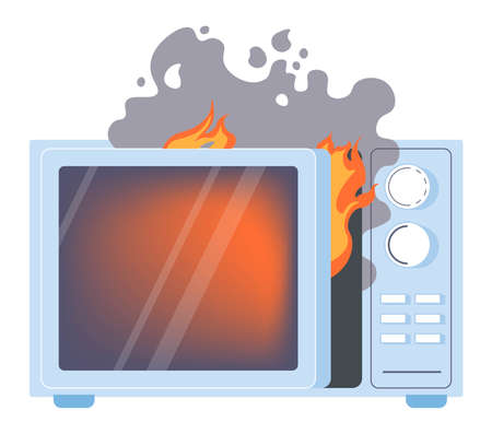Burning broken microwave oven, fire and flamesのイラスト素材