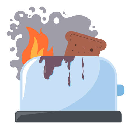 Toaster bread, damaged kitchen appliance on fireのイラスト素材