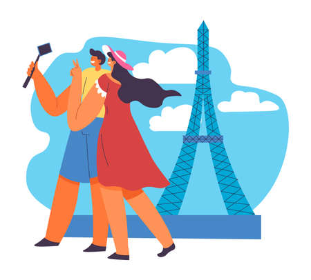 People traveling in Paris taking selfie vectorのイラスト素材