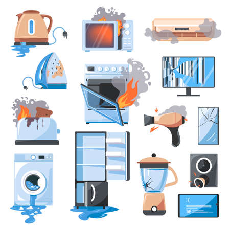 Broken kitchen and home appliances and devicesのイラスト素材