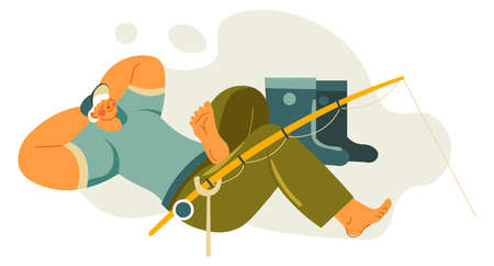 Man with fishing rod and wellingtons on groundのイラスト素材