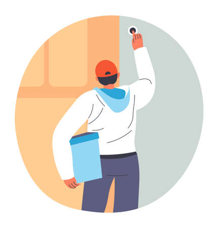 Boy delivering parcel to doors, courier rings bellのイラスト素材