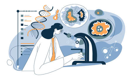 Woman with microscope in laboratory doing researchのイラスト素材