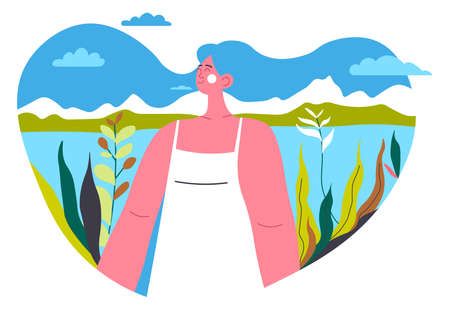 Woman traveling, female character outdoors in parkのイラスト素材