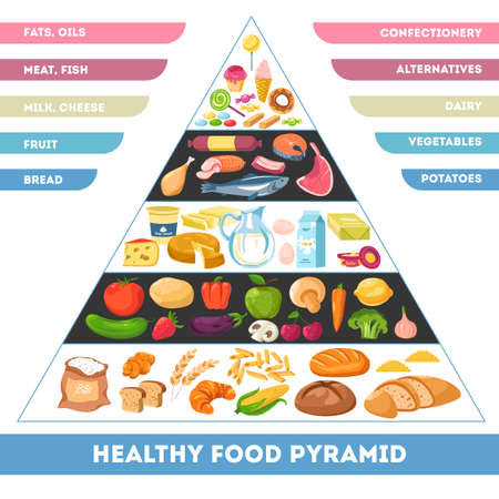 Nutrition pyramid, healthy food consumption rulesのイラスト素材