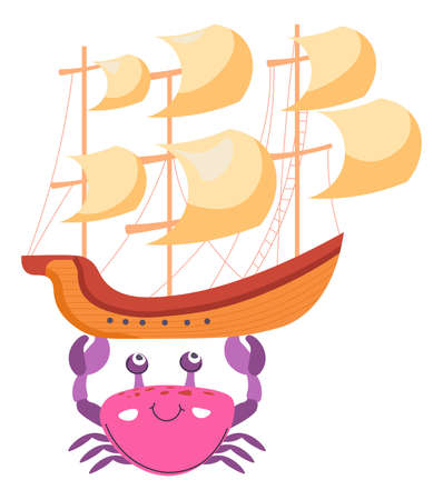 Crab funny character with ship with sails vectorのイラスト素材