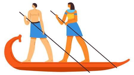 Ancient egyptian people floating on wooden boatのイラスト素材