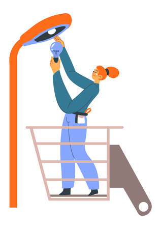 Electrician woman fixing lamp installing bulbのイラスト素材