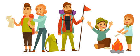 Camping and bonfire fun, family weekends outdoorのイラスト素材