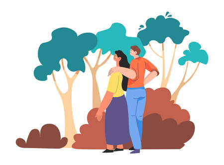 Couple strolling in woods, forest or park walkingのイラスト素材