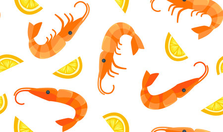 Shrimps and lemon slices, seafood pattern printのイラスト素材